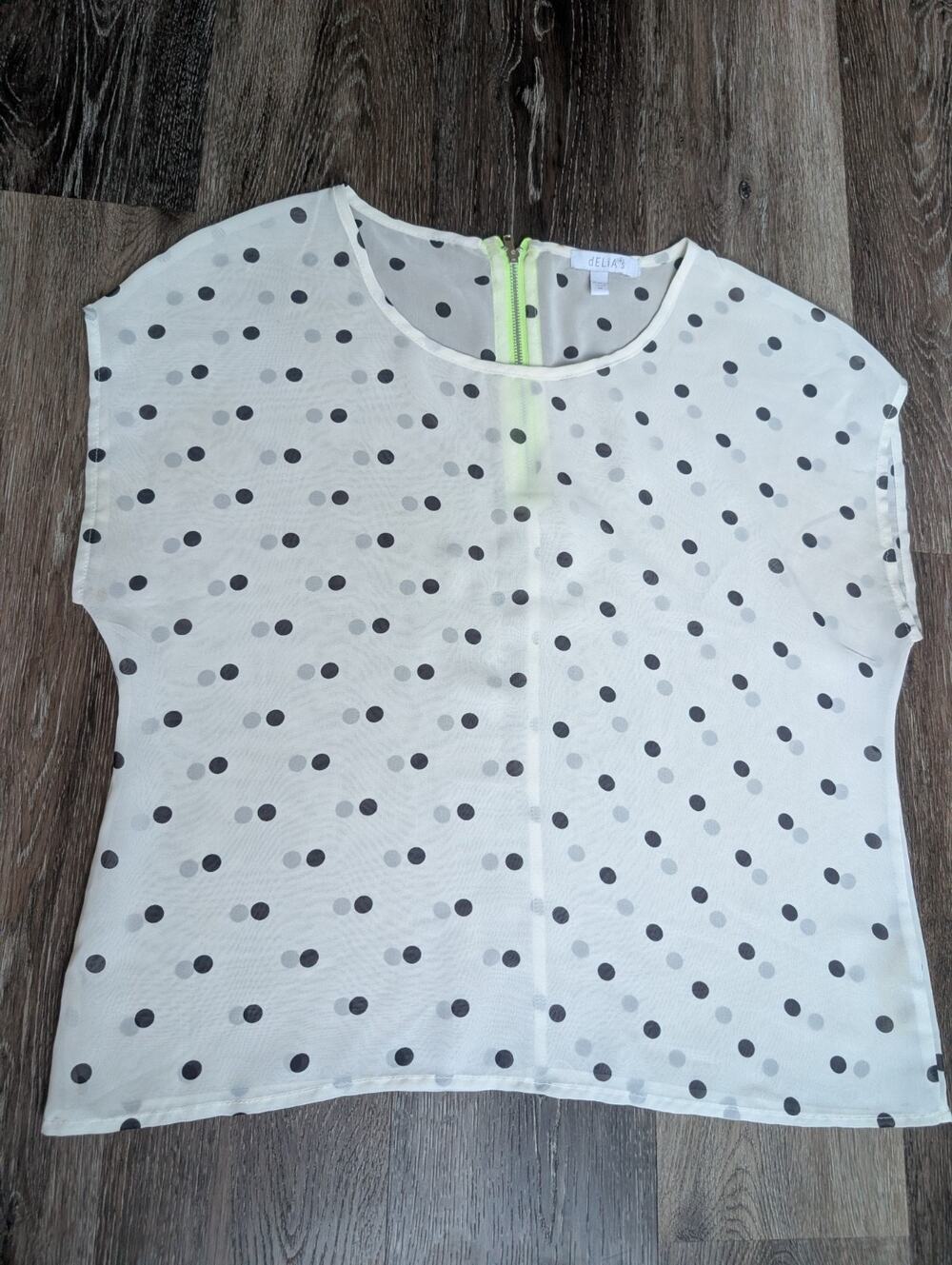 dELiA*s Polka Dot Sheer Blouse Medium Cream Black Neon Yellow Zipper